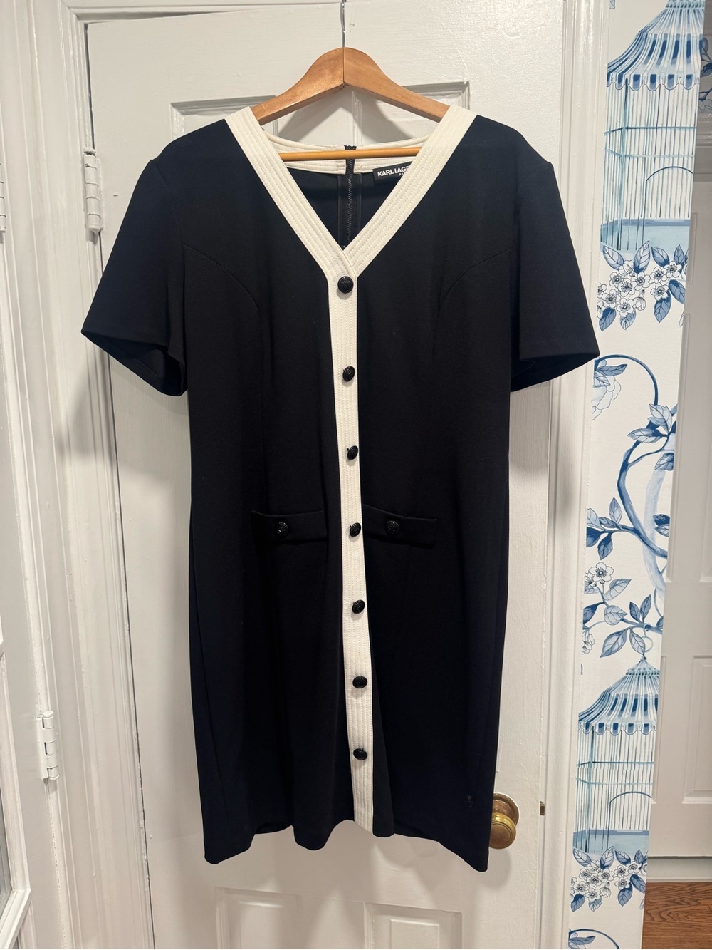 Karl Lagerfeld Black Midi Dress with White Trim and Button Front - Picture 2 of 4